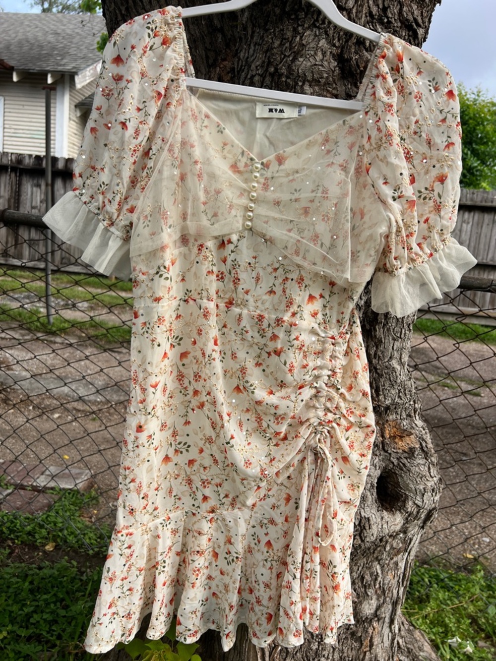 Ruffled Cream Floral Mini Dress with Pearl Buttons